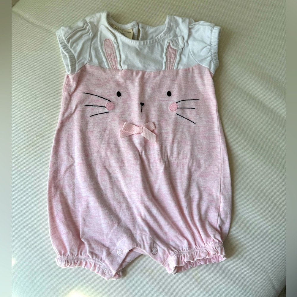 First Impressions Bunny Romper Pink White 12M Short Sleeve Baby Outfit